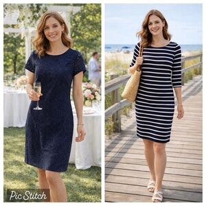 Banana Republic Navy Lace & Stripe Midi Dress Duo